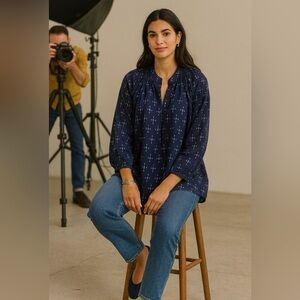 H&M NWOT sheer printed - hemmed longer  back, blue background white print